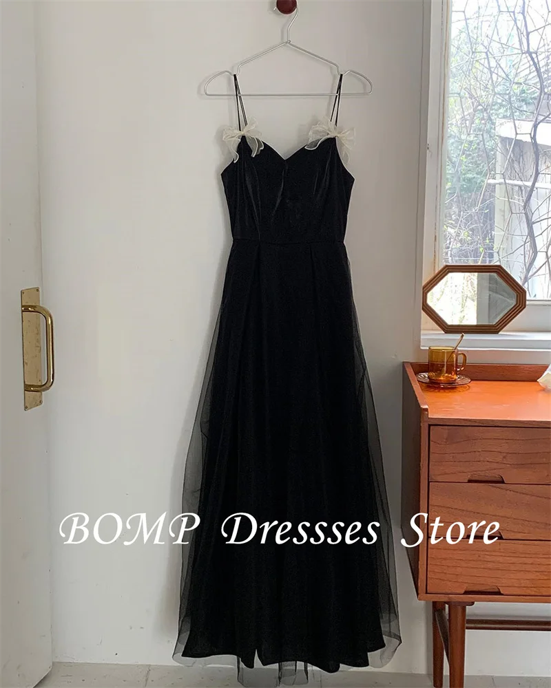 BOMP Simple Black Evening Dresses Korea Wedding Dresses Spaghetti Straps Sweetheart Bowknot Floor Length Formal Party Customized