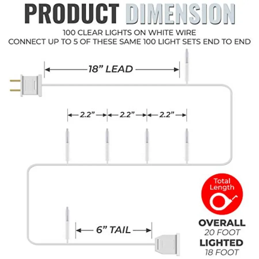 Clear Christmas s on White Wire, UL Approved for Indoor/Outdoor Use, 18 Feet of Lighted Length, 20 Feet of Total Length