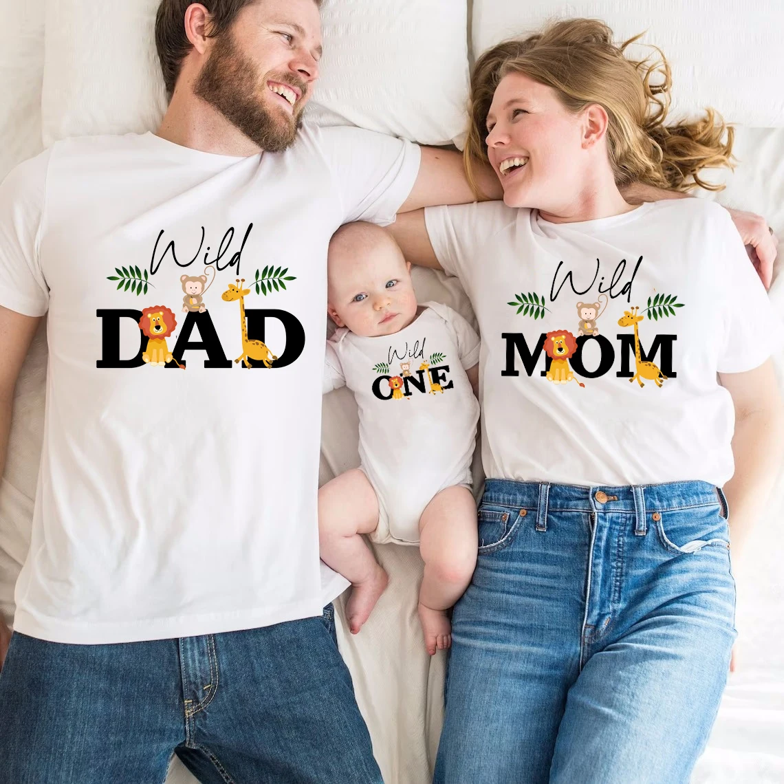Wild One Family Matching Outfit Soft Cotton Mom Dad Baby Tee Jungle Animal Print Baby First Birthday Photography Matching Shirts