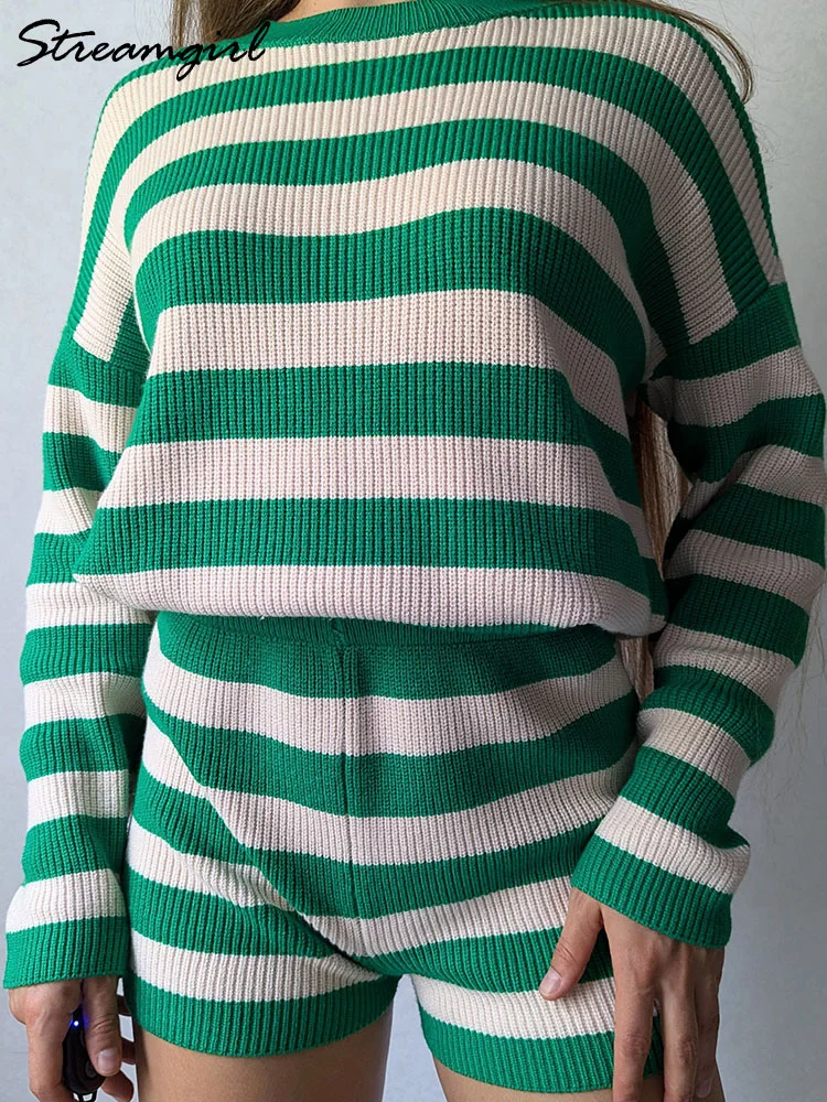 Striped Sweater And Shorts Set For Women Autumn Knit Two Pieces Outfits Oversized Pullovers Women Stripe Shorts Sets 2 Pieces