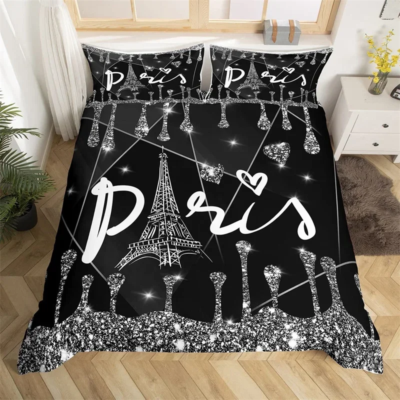 Eiffel Tower Duvet Cover Set Single Twin King For Kids Girl Teen Room Paris Bedding Set Microfiber Gradient Diamond Quilt Cover