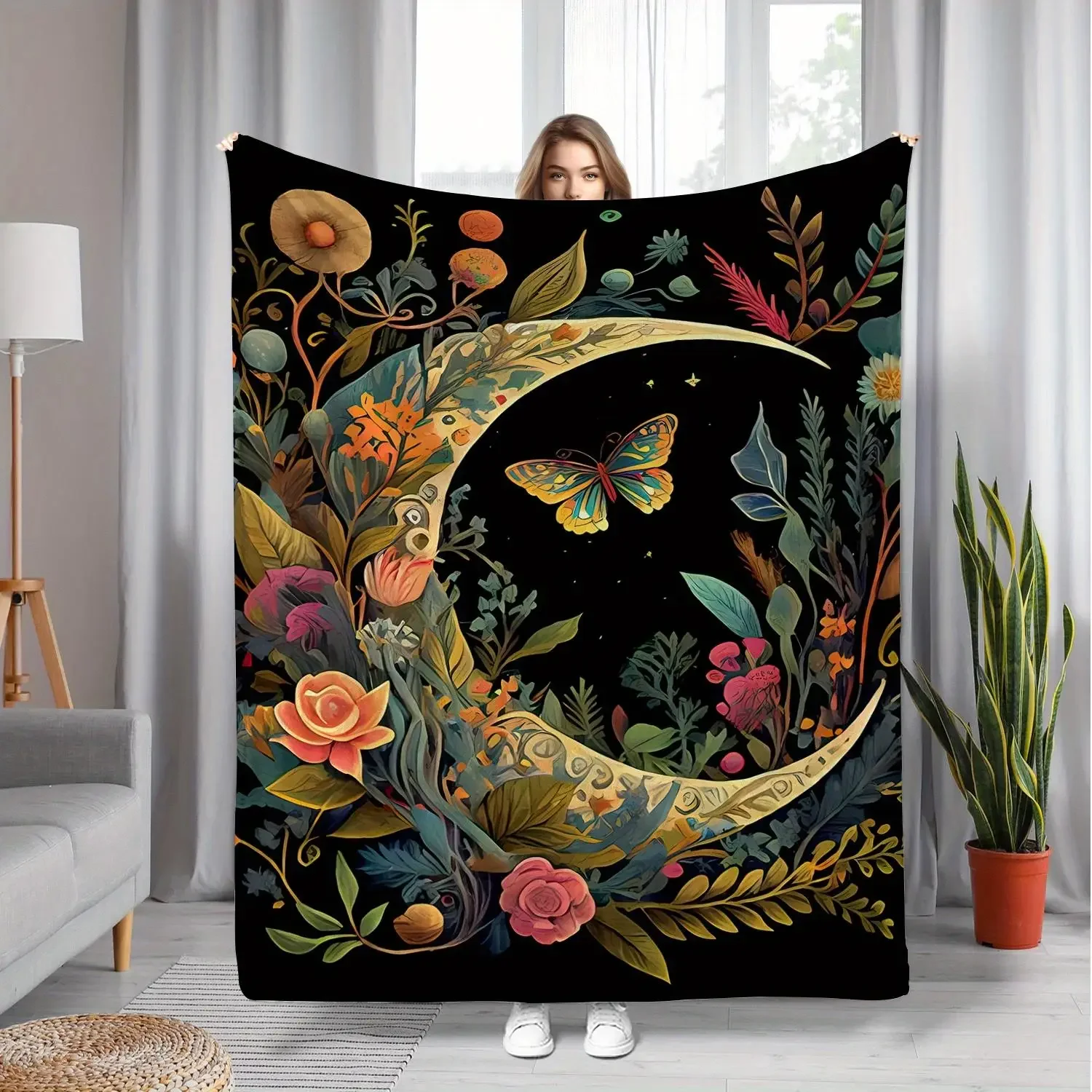 

Floral Butterfly Moon Print Throw Blanket Soft Polyester Flannel AllSeason Luxury Bedspread Heavyweight Dark x Inches