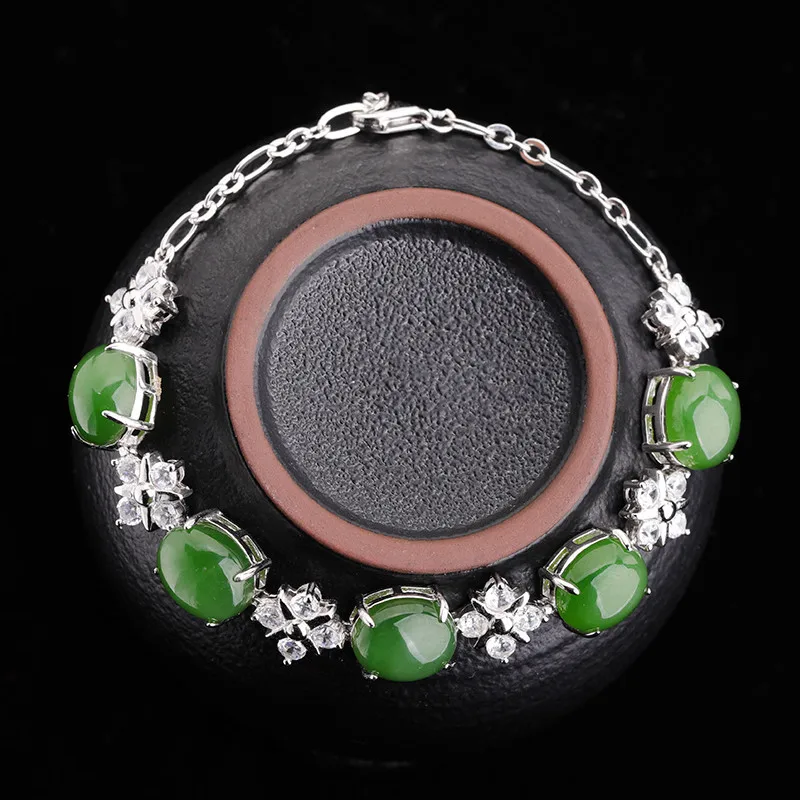 

Luxurious and Elegant 925 Sterling Silver Inlaid Natural Green Jade Dress Jewelry Egg-shaped Hetian Jade and Jasper Bracelet for