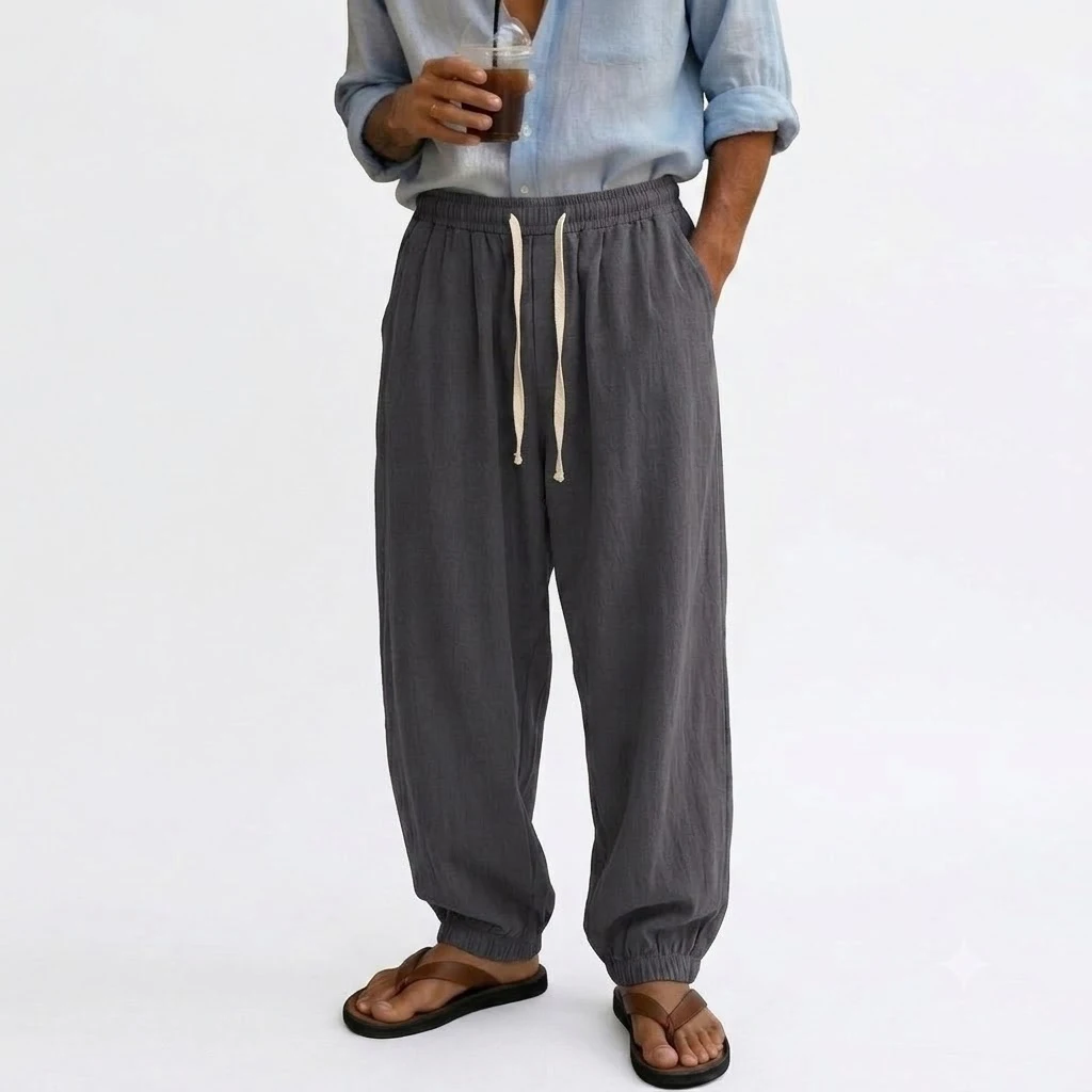 Herren Freizeithose aus Baumwolle, locker geschnitten, mit elastischem Kordelzug, leichte Jogginghose, Leinenhose, Sporthose, Arbeitshose – Detail 5