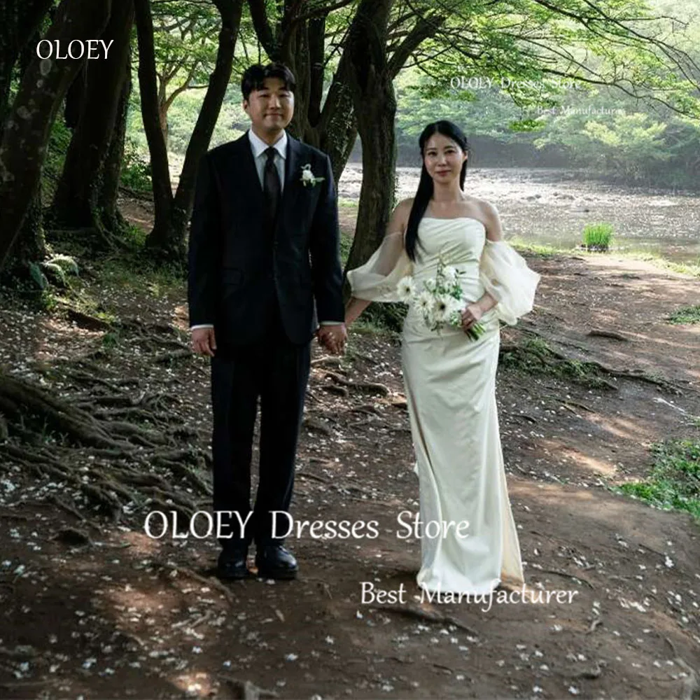 

OLOEY Simple Mermaid Wedding Dresses Korea Photoshoot Puff Long Sleeves Strapless Soft Satin Bridal Gowns Corset Back