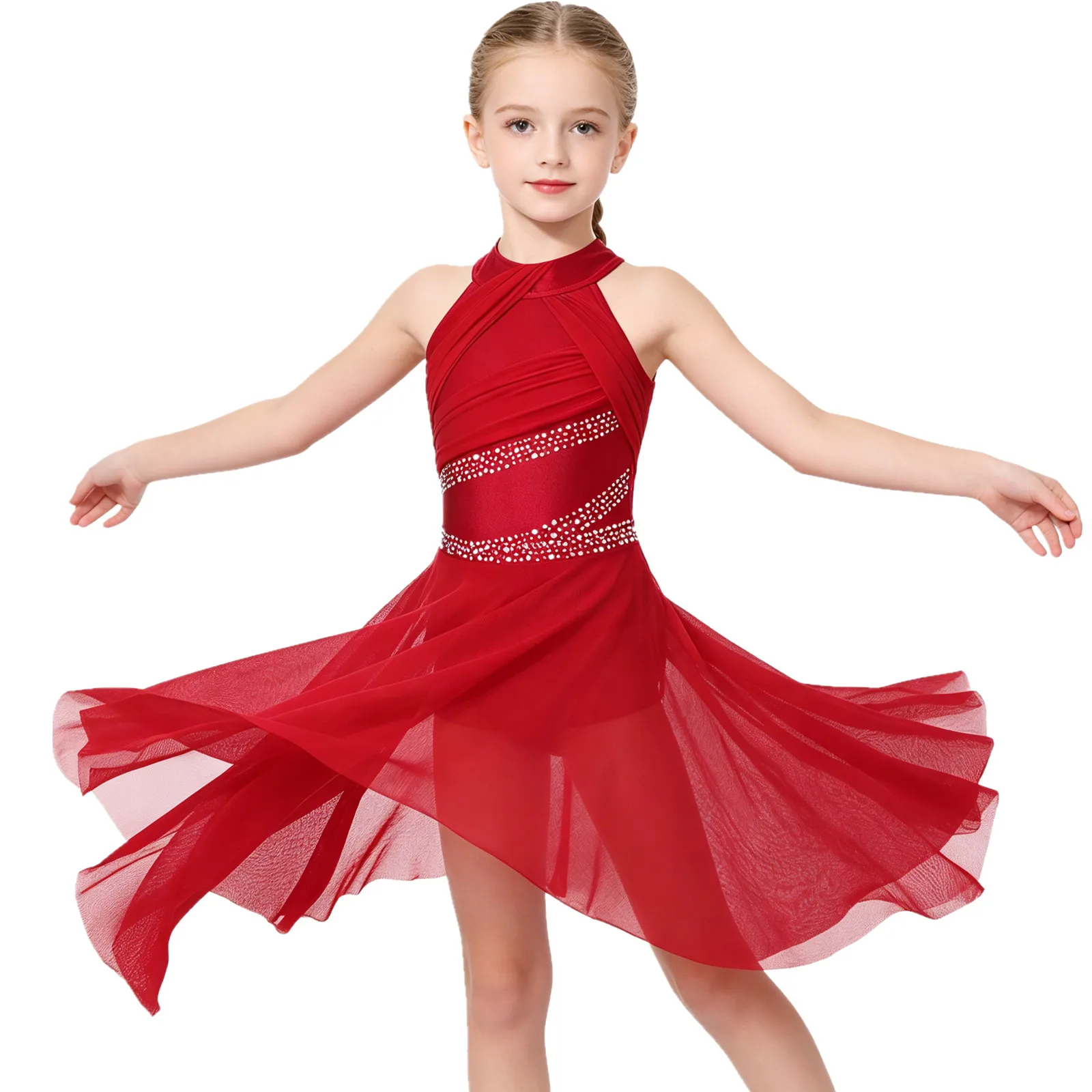 Toddler Kids Girls Gymnastics Ballet Lyrical Contemporary Dance Costume Rhinestone Leotard Skating Jersey Tango Waltz Tutu Dress