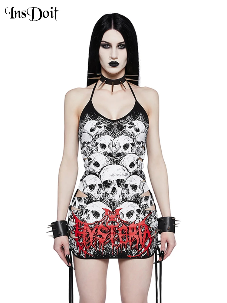 

InsDoit Gothic Sling Skull Print Dress Women Retro E Girl Patchwork Hollow Out Fairy Grunge Tank Dress Sexy A Line Mini Dress