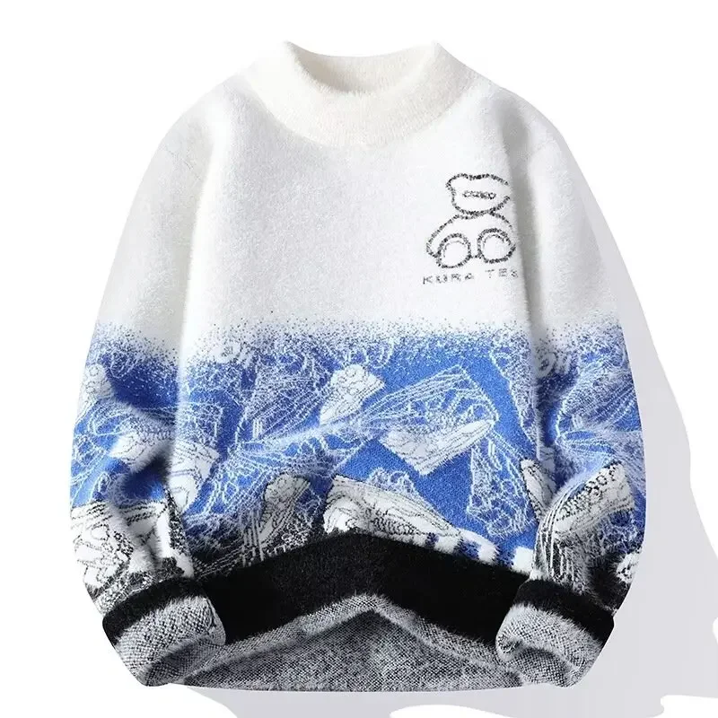 2024 New Winter Men's Plush Sweater Pullovers Japan Warm O Neck Black Sweater High Quality Cool Top Fashionable Men's Clothing