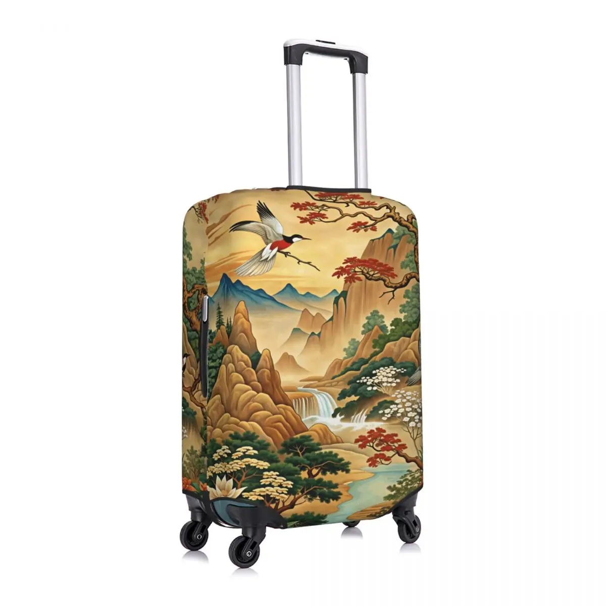 Cute Chinese Magpie Floral Waterfall Mountain Zen Luggage Cover Protector Elastic Travel Suitcase Covers