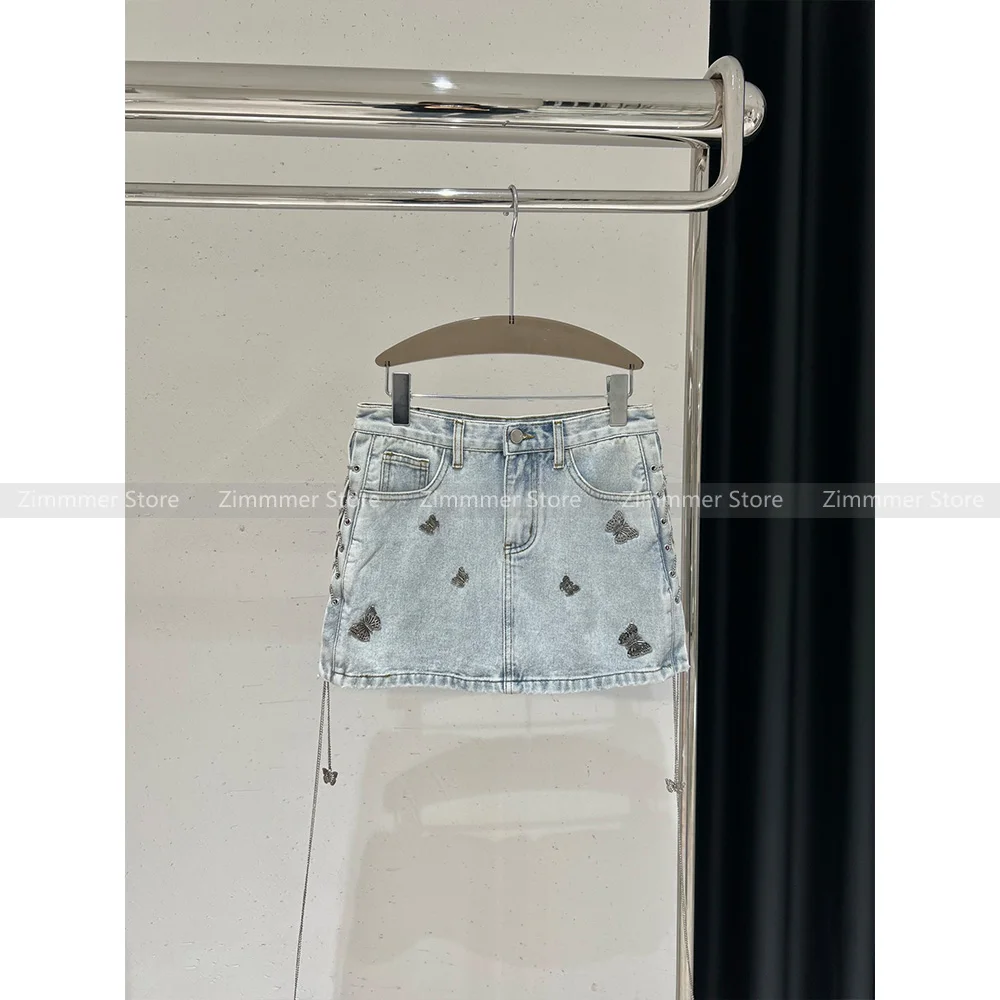 Retro do old butterfly light blue denim bustier female 2024 summer new high-waisted thin package hip skirt