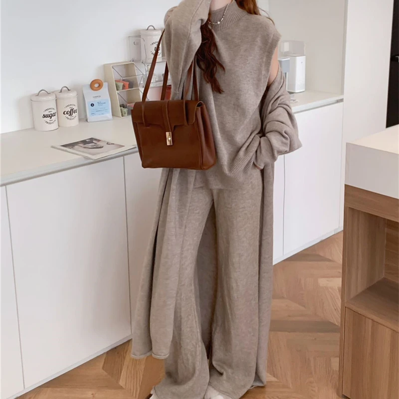 2024 Winter Knitted Trousers Clothing For Woman Outfits Office Ladies Elegant Solid Knitted Vest+long Cardigan+wide Leg Pant Set