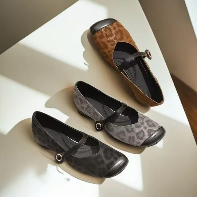 

Women's French Leopard Print Mary Janes for Spring - Shallow Cut Square Toe Suede Flats, Metal Buckle Single Strap Elegant Shoes