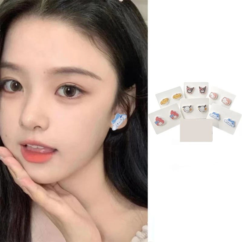 Sanrio Series Hello Kitty Silver Needle Ear Studs Cosplay Kuromi Cartoon Ins Style Ear Studs Lovely Schoolgirl Birthday Gift