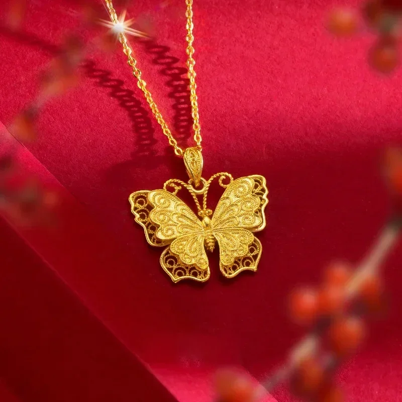 Real Gold Silk Butterfly Pendant, 24K Yellow Gold Antique Golden Butterfly Necklace Women's High-end Clavicle Chain for Gifts