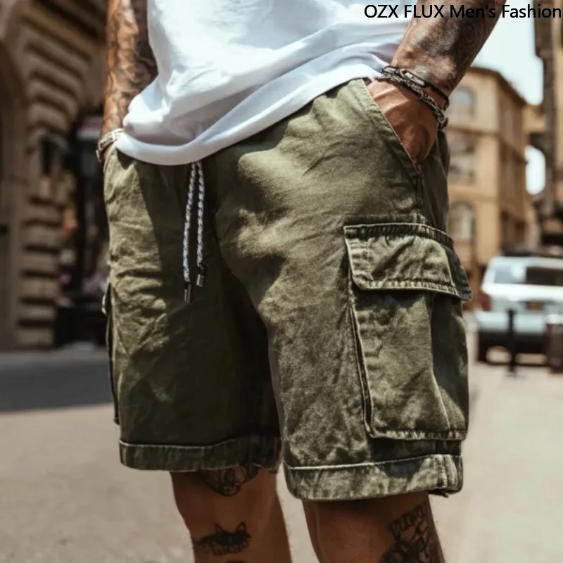 

Summer Men cargo pants Shorts Waterproof Outdoor Breathable Zipper Pockets Casual Elastic Waist Waffle Fabric Workwear Washed