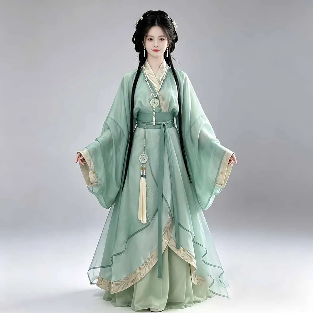 

Women's Traditional Chinese Hanfu, Embroidered Gradient Chiffon Long Robe with Camisole & Skirt, Elegant Ancient Chinese Costume