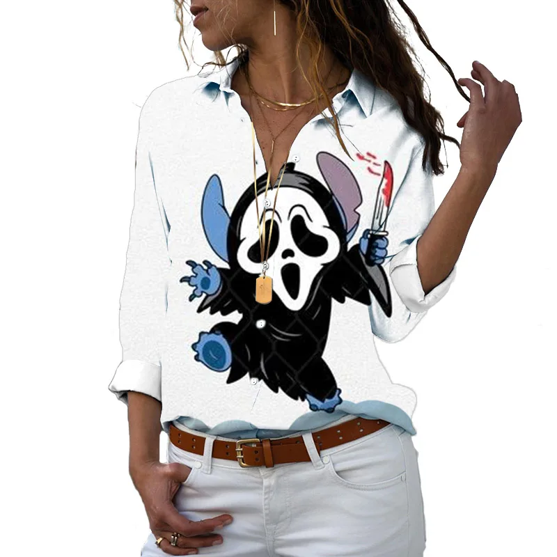 Stitch En Mickey Minnie Halloween Herfst Nieuwe Dames Lange Mouw Revers Mode Casual Harajuku Schattig Shirt Y 2K