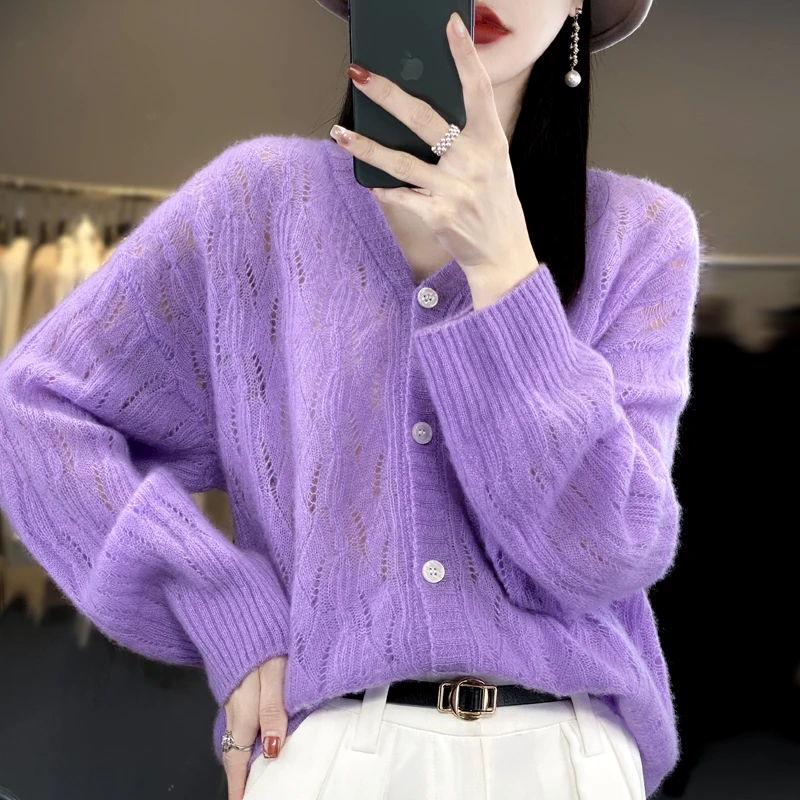 Spring Autumn New Woolen Sweater Women's V-Neck Long Sleeved Hollow Loose Lazy Solid Color 100% Pure Wool Knitted Cardigan Top