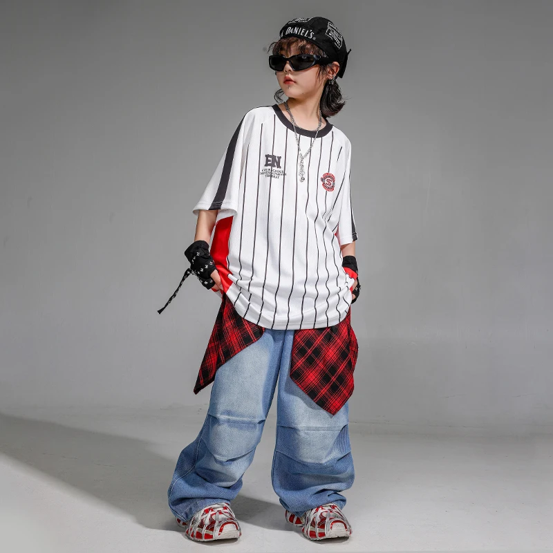 Hip Hop Ragazzi Sciolto StripeTshirt Streetwear Jeans da ballo Pantaloni Ragazze Cool Street Outfit Bambino Jazz Set di vestiti Bambini K-pop Costume