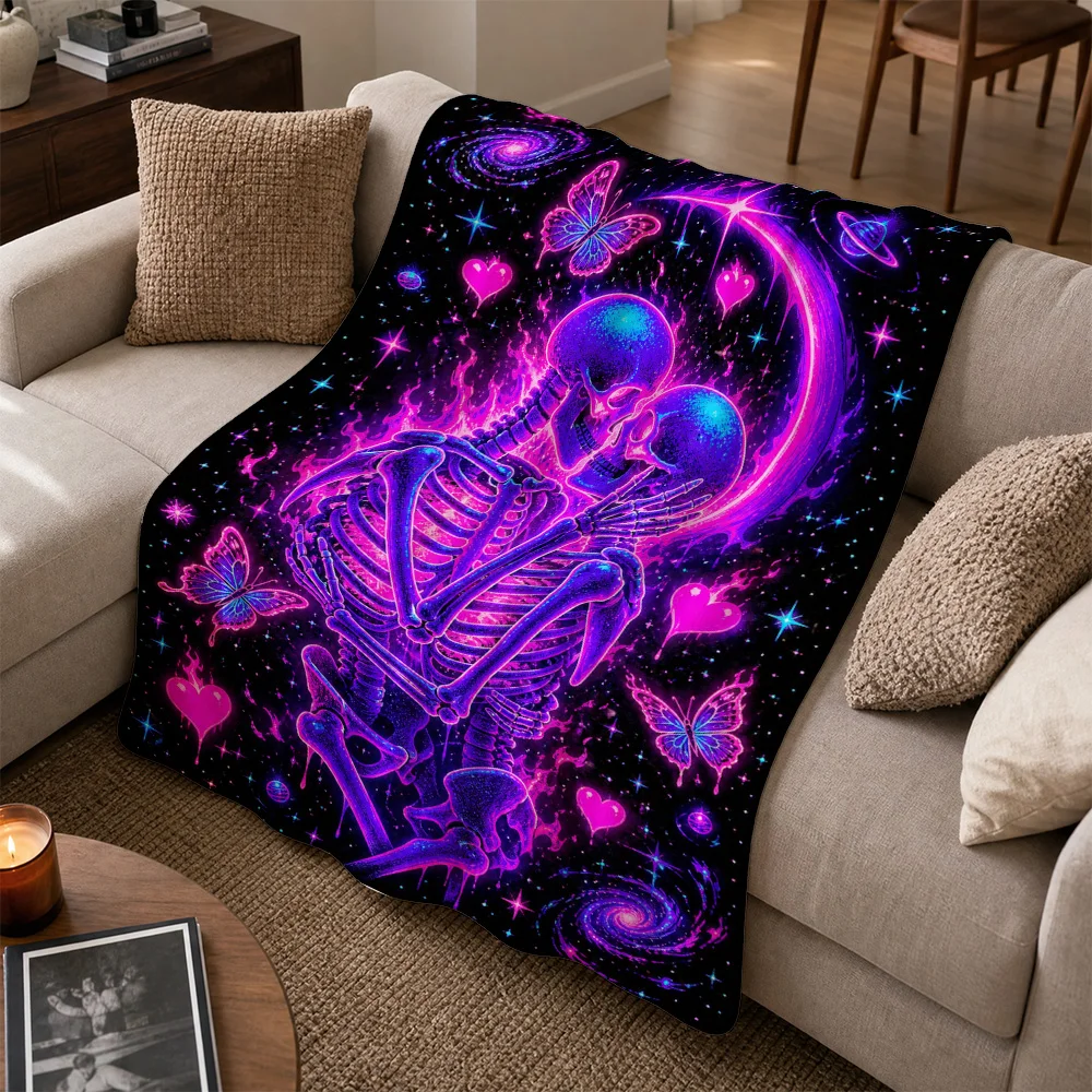 Bohemian Cosmic Galaxy Skeleton Couple Throw Blanket Sofa Throw Fleece Home Decor Aesthetic Astrology Neon Rave Couch