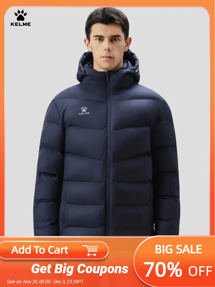 

Kelme Men's Hooded Thermal Jacket For Sports Football Training And Outdoor Activities Windproof Fleece-lined Coat