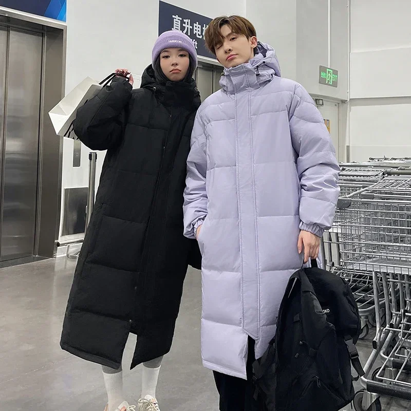 Winter Long Down Jacket Couple's K-Pop Trendy Windproof Warm White Duck Down Coat Male Outdoor Ski Casual Thickened Hooded Coat