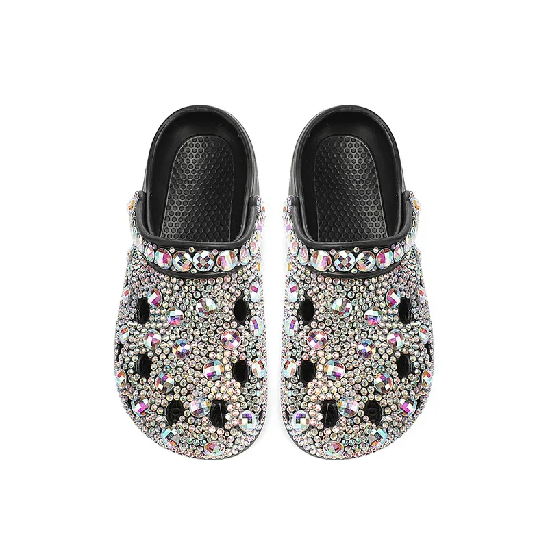 New Thick-soled Rhinestone Hole Shoes Handmade Diamond-encrusted Casual Sandals Outdoor Slippers Two Wear