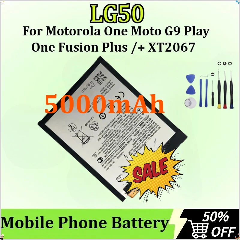 

LG50 Mobile Phone Battery for Motorola One Moto G9 Play / One Fusion Plus One Fusion+ XT2067 Battery 5000mAh + Tools