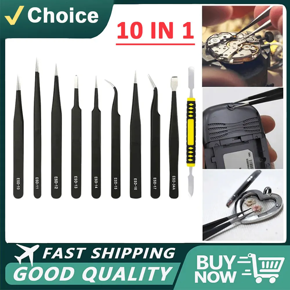 10pcs Stainless Steel Precision Antistatic Tweezers Set Repair Tools Professional Electronic Tweezers