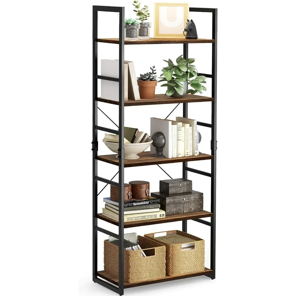 

5-Tier Bookshelf, Bookcase, Storage Bookshelves, Ladder Shelf, Display Shelf with Steel Frame Living Room Furniture Book Shelf