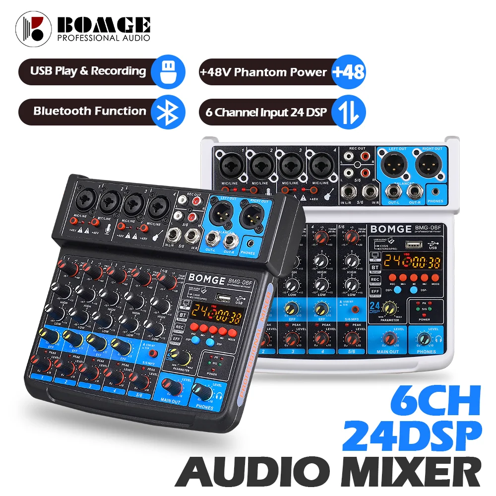 Bomge 6 Kanaals Audio Mixer Mini Mixing Sound Console Usb Audio Interface Geluidskaart Met 16dsp 48V Fantoomvoeding Voor Karaoke Dj