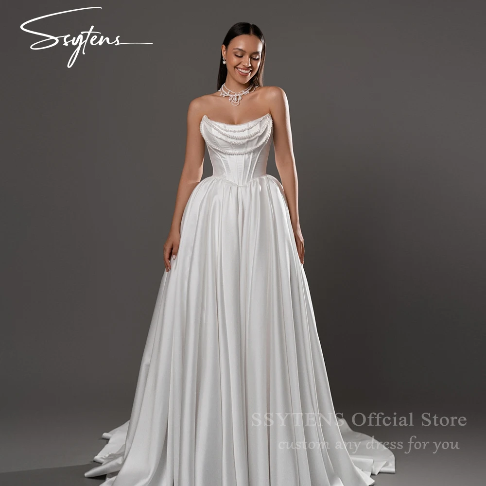 SSYTENS Pearls A-Line Wedding Dresses Strapless Sweep Train Satin Bridal Dresses Formal Long Wedding Ball Prom Gowns Customized