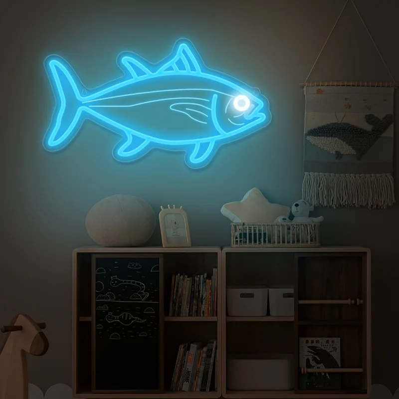 Blue Fish Neon Light Tuna Neon Sign USB Adjustable Brightness for Bedroom Man Cave Home Bar Industrial Rustic Wall Decor Gift