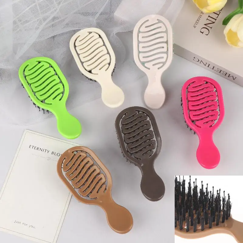 Mini Boar Bristle Detangling Hairbrush Women Scalp Massage Combs Hollow Out Wet Curly Hair Comb Barber Hairdressing Styling Tool