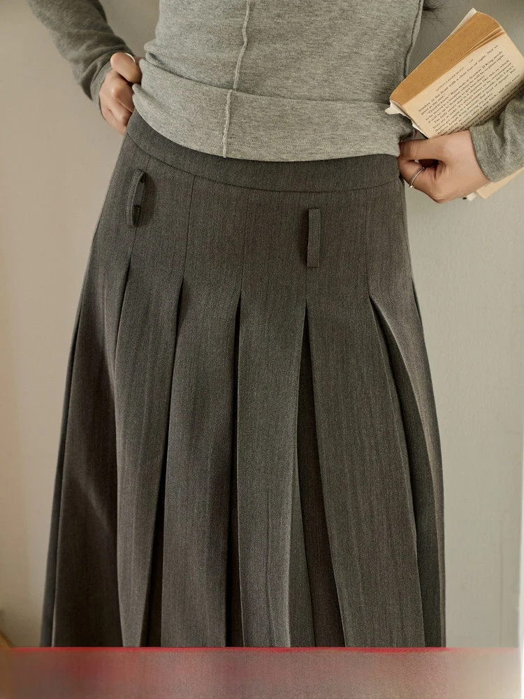 

Deep ey High Waist A-Line Midi Skirt Women's Faion Autumn Winter Pleated Slimming f-length College Sle Skirts