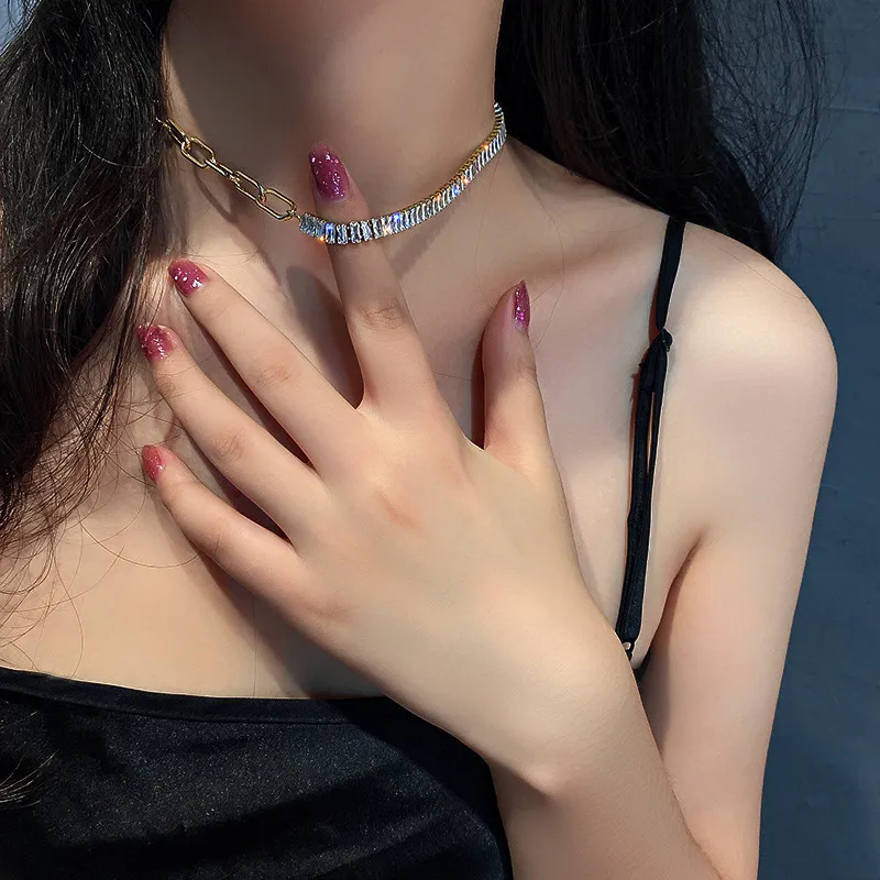 Luxury Asymmetric AAA Zircon Crystal Choker Necklace For Women Golden Geometric Rhinestone Necklace 2022 New Jewelry Gifts Party