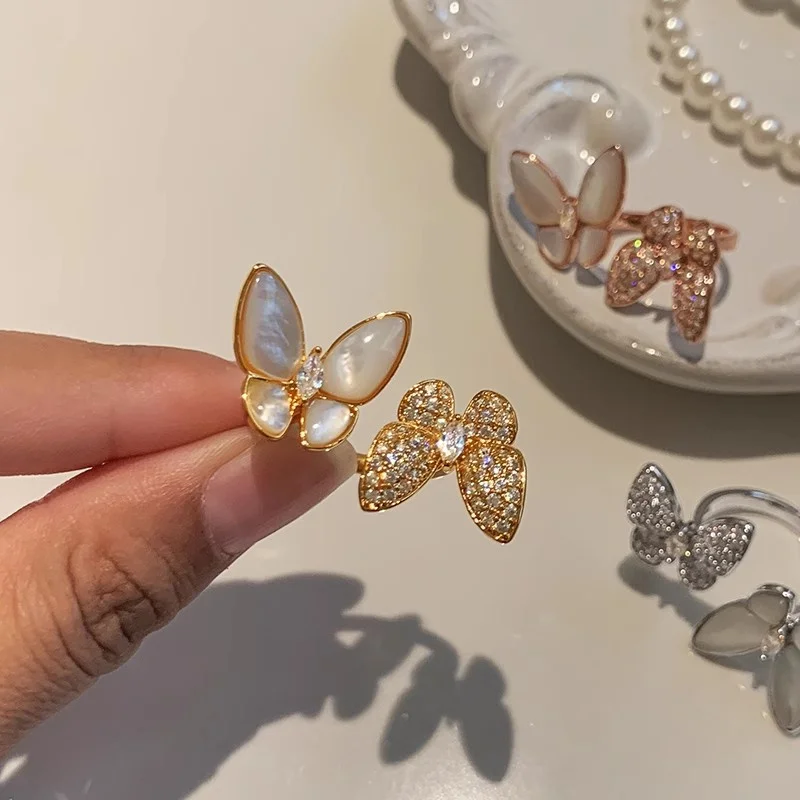 French Natural Shell Double Butterfly Ring for Women Light Luxury Temperament Delicate Beautiful Opening Index Finger Ring
