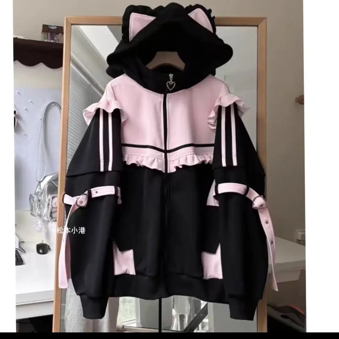 

Japanese Kawaii Hooded Jacket Women Ruffled Patchwork Loose Sweatshirt Winter Zipper Coat Y2K Aesthetic Casual Streetwear Tops