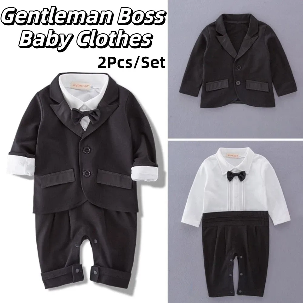 

2Pcs/Set Black Tuxedo Gentleman Boss Baby Clothes Two-Piece Outfit Bow Tie Boy Suit Set Romper Bodysuit Striped Vest