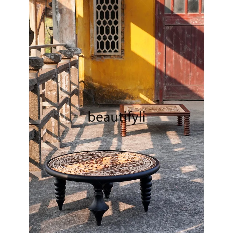 

French medieval solid wood coffee table living room household small apartment round retro glass coffee table