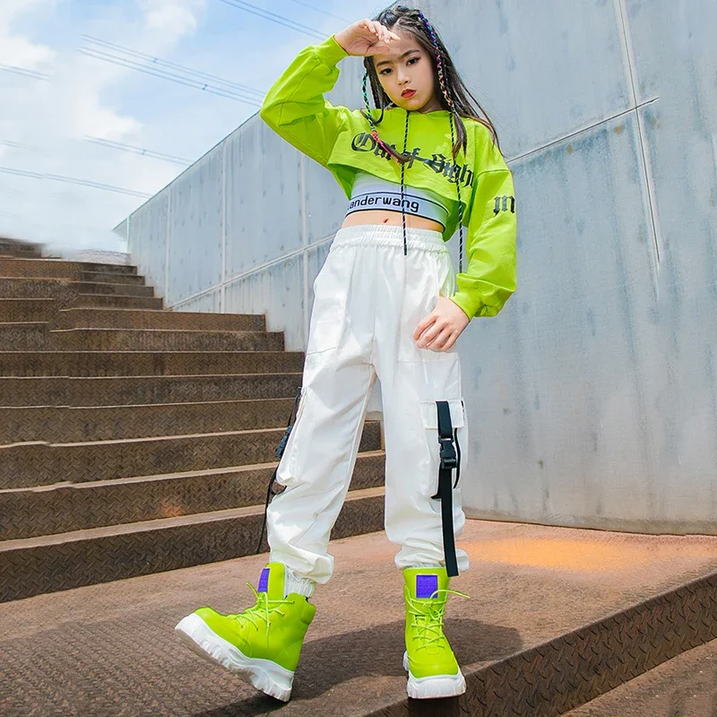 White Cargo Pants Catwalk Street Dance Jazz Performance Costume Kids Hip Hop Clothes Girls Green Hooded Tops Long Sleeves