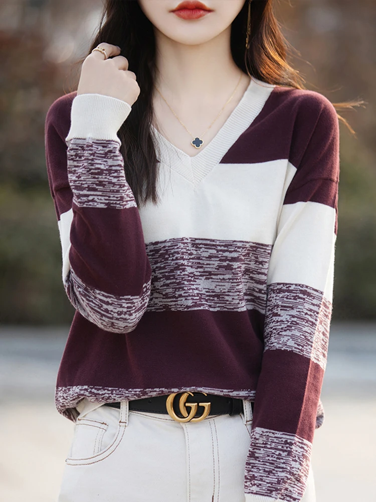 

Модный цветной вязаный свитер-база для женщин, весенне-осенняя свободная модель с длинным рукавом и V-образным вырезом