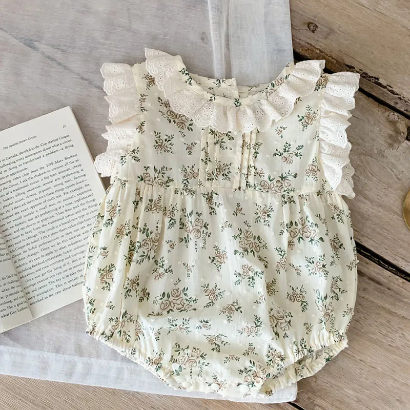 

2025 New Summer 0-24M Children Clothes Korean Style Climbing Suit Sleeveless Cotton Flower Print Infant Baby Girls Bodysuits
