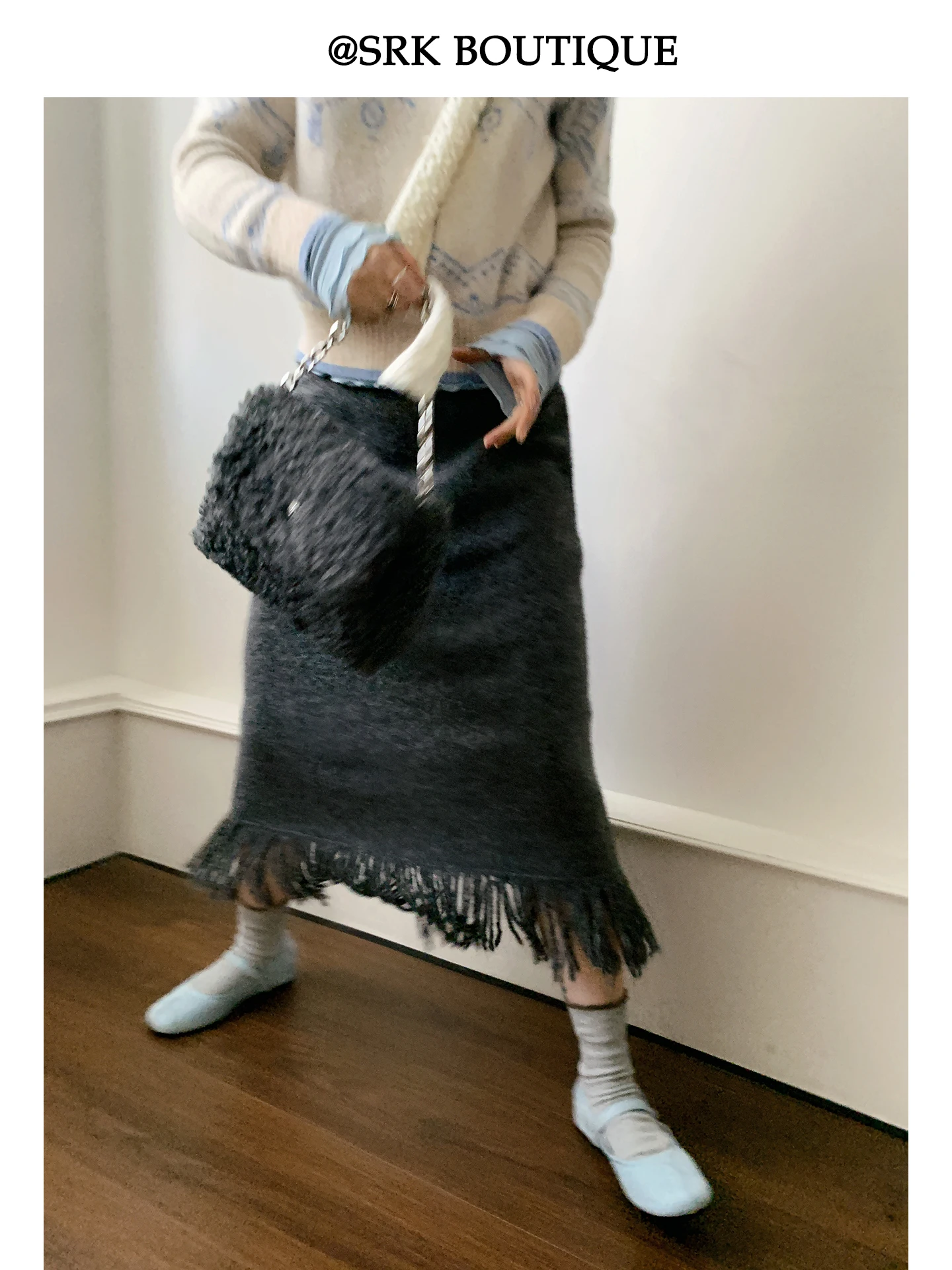 

SRK Retro Knitted Tassel f Skirt High Waist A-Line Straight Slimming Faionable Gentle Long Skirt for Women