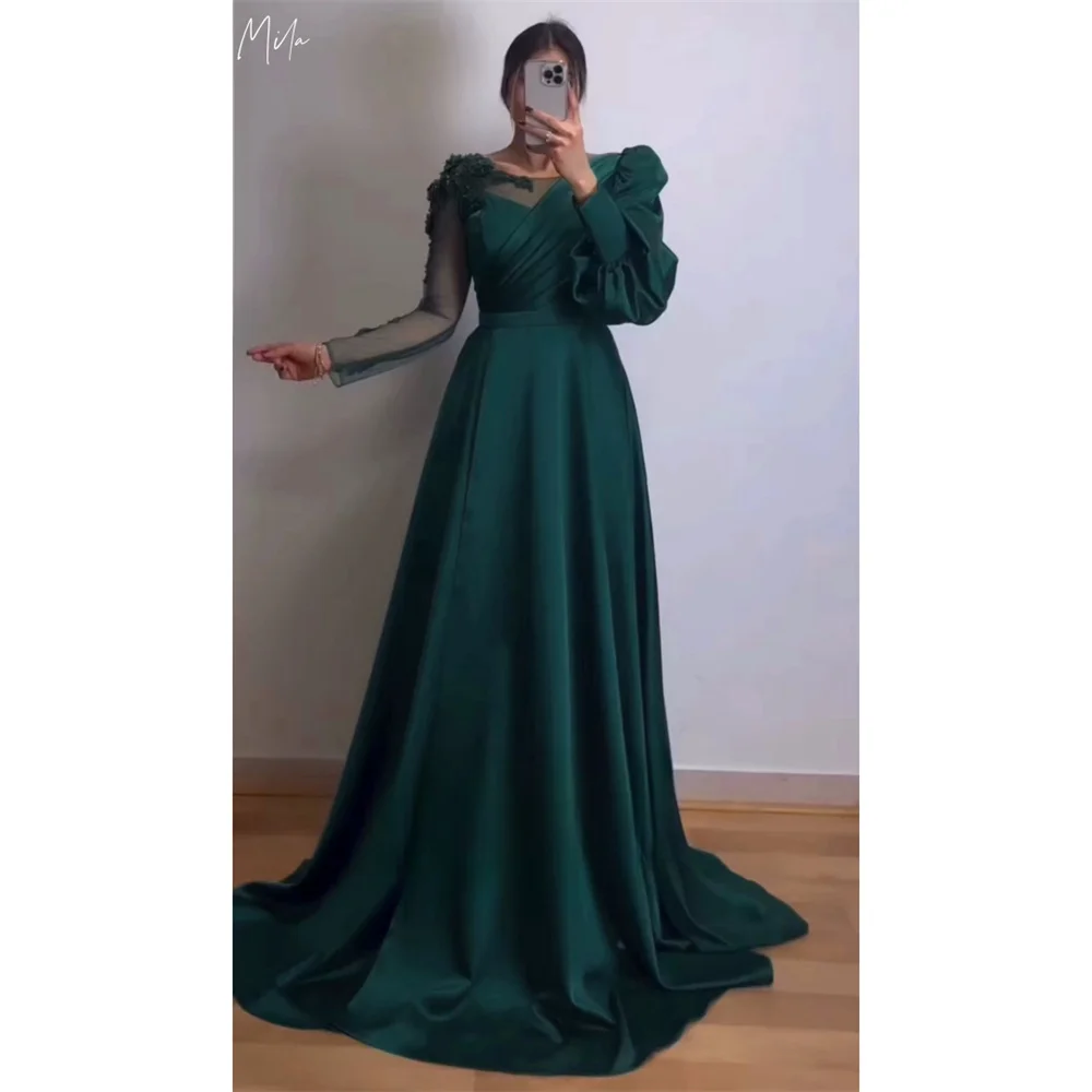 

Mila Green Long Sleeve Princess Party Dresses Customized Elegant Satin Prom Dresses Floor-Length Empire Waist Evening Dresses