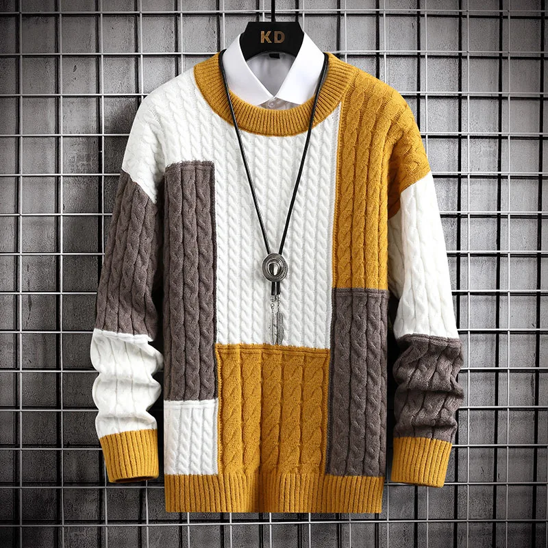 Men Harajuku Sweater Fashion Knitted Hip Hop Streetwear Color Matching Pullover Oversized Casual O-Neck Men Vintage Sweaters