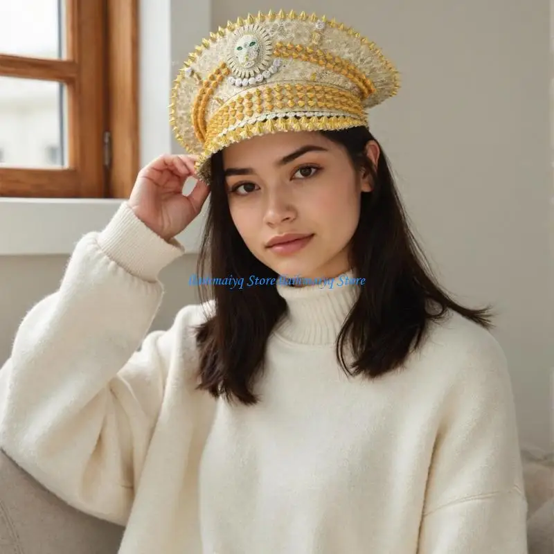 573B قبعات فاخرة مزينة بالترتر على شكل أسد ذهبي مع أحجار الراين وبرشام مرصعة لعشاق الحفلات العصرية ومهرجان الموسيقى #3