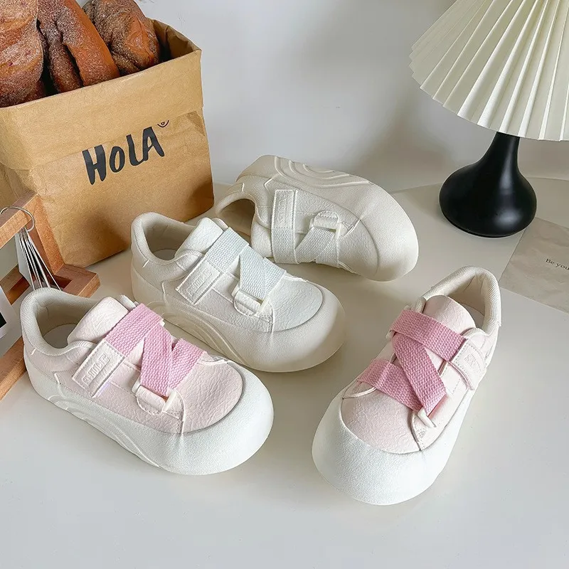 Pebel American Style Magic Tape Thick Bottom Bread White Shoes Spring New Casual Sports Shoes Low Cut Canvas Shoes for Women