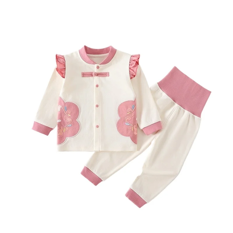 

Baby Girl's 2-Piece Cotton Outfit for Spring & Fall Peach Collar Top & Elastic Waist Pants Floral Embroidery Underwear Set