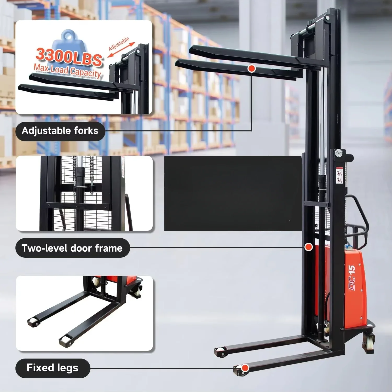 3300lbs 1500kg Semi-Electric Pallet Stacker 98